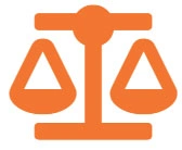 Orange balance scale icon on white background.
