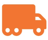 Orange delivery truck icon with three wheels.