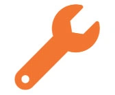 Orange wrench icon on white background.