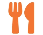 Orange fork and knife silhouette icon.