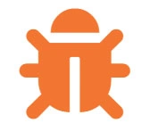 Orange bug icon on a white background.