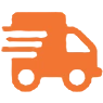 Orange delivery truck icon on black background.