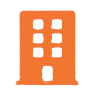 Orange building icon on black background.