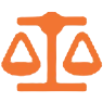 Orange balance scale icon on black background.