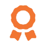 Orange award ribbon icon on black background.