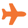 Orange airplane icon on black background.