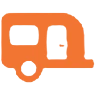 Orange camper icon on black background.