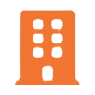 Orange building icon on black background.