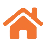 Orange house icon on black background.