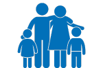 Blue icon of a family with two adults and two children.