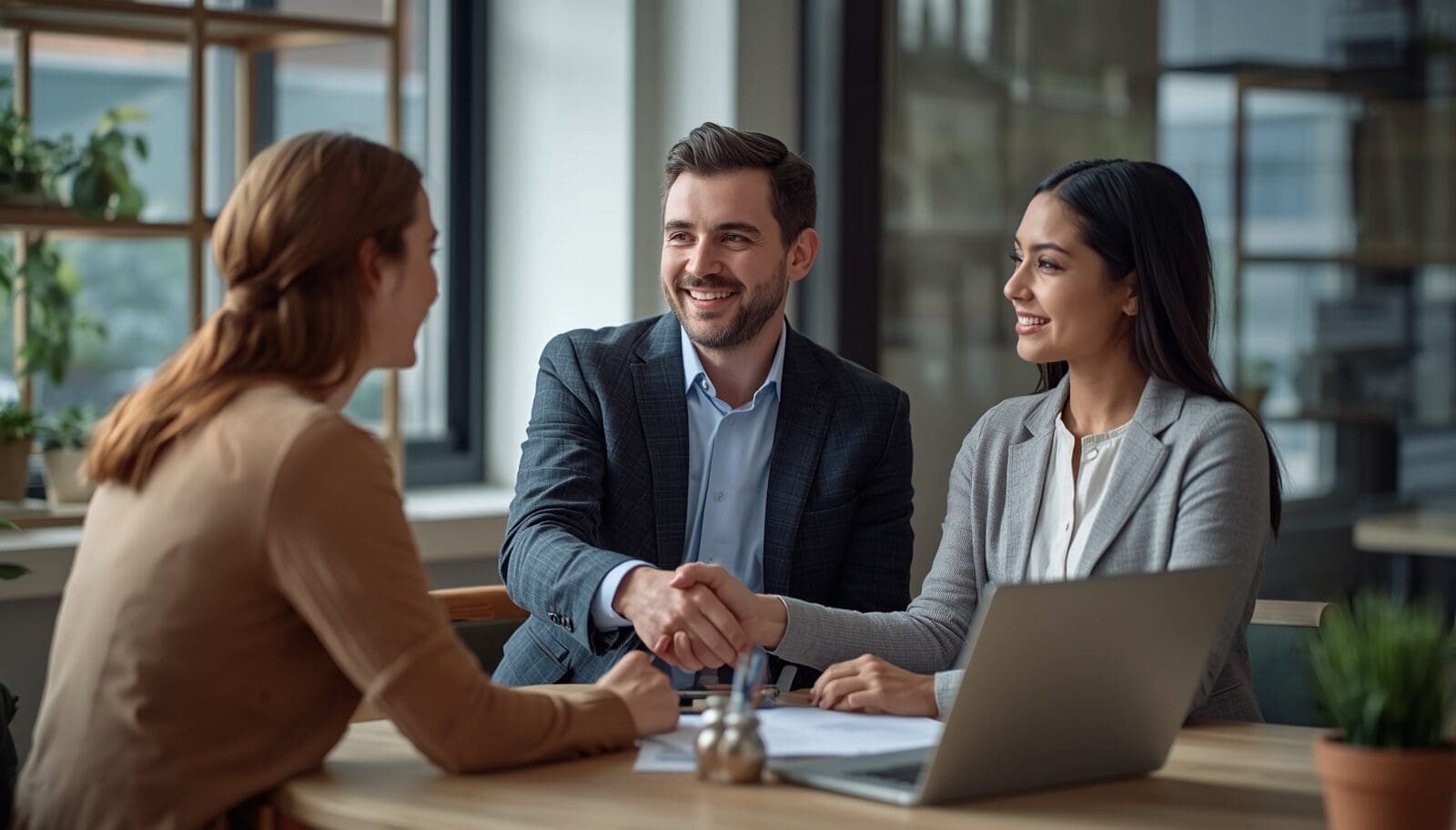 Professional independent insurance agent meeting with clients in modern office, friendly consultation atmosphere, handshake, trust and partnership concept